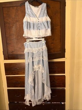 Light Blue Gingham Lace Two-Piece Set - Women